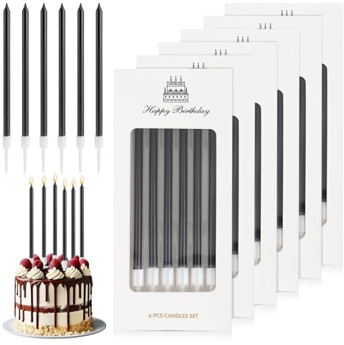 Geburtstagskerzen Schwarz, 36 Stück Birthday Candles, Lang und Dünn | Mit Ständer, Ungiftig, Geruchsfrei, Ideal, für Kuchendekoration Bei Geburtstagen, Partys und Jubiläen