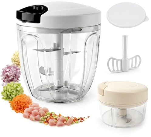 FACIACC 900 ml manuell lökskärare och 200 ml multistrimlarset, smidig lökskärare med blad av rostfritt stål, lock och mixer, BPA-fri för grönsaker, frukt, vitlök
