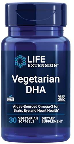 Life Extension Vegetarian DHA, Omega-3 from Algae for cognition, Mood & Eye Health, Gluten-Free, Non-GMO, Vegan, 30 softgels