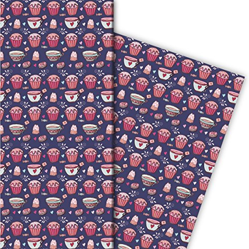 Kartenkaufrausch Muffin Geschenkpapier Set mit Tee Tassen als edle Geschenk Verpackung, Designpapier, scrapbooking 32 x 48cm, Dekorpapier, Musterpapier zum Einpacken, auf lila
