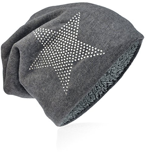 Miobo Slouch Long Beanie Mütze, Weichem Warme Wintermütze Teddyfleece, Unisex (56-58cm Kopfumfang, StrassStern-Grau)