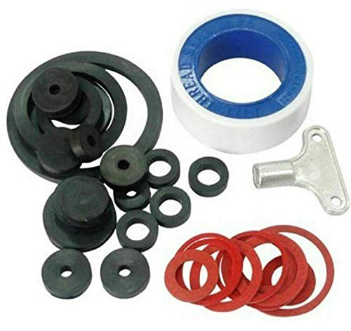 32-Piece Plumbing Repair Kit – Assorted Washers, Tap O-Rings, PTFE Sealing Tape & Radiator Bleed Key for Kitchen, Bathroom, and Heating Maintenance