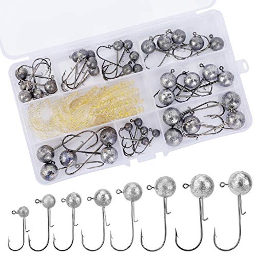40Stück Jighaken mit Round Jighead, Jigköpfe für Gummifische zum Raubfishangeln, mit 10Stück Gummifische, Bleikopf-Angelhaken Set mit verschieden Größe 2g 3.5g 5g 7g 10g 14g 17g 20g