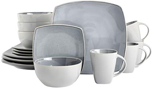 Gibson Soho Lounge Square Reactive Glaze Stoneware Dinnerware Set, Service for 4 (16pc), Light Gray