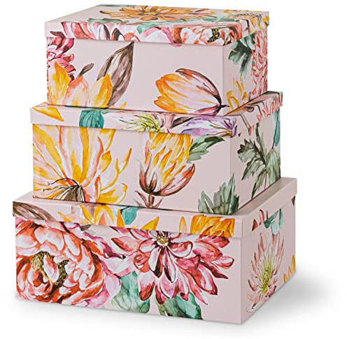 Soul & Lane Cajas de almacenamiento de cartón decorativas resistentes con tapa para decoración del hogar | Beauty in Bloom - Juego de 3 cajas de cartón para tarjetas, sobres, fotos