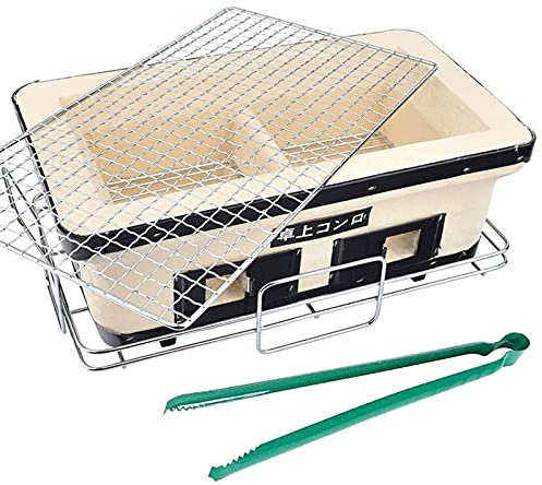 Tischkohlegrill Mit Food Tong, Japanisch Yakitori BBQ Keramischer Ton Holzkohleofen Hibachi Kocher Mit Rost Und Stehen Für Camping Oder Zuhause (Beige)