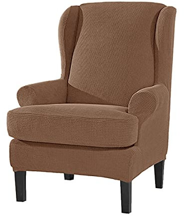 Highdi 2 Teilig Ohrensessel Überzug,Einfarbig Jacquard Sessel-Überwürfe Ohrensessel Schonbezüge Bezug Sesselhusse Elastisch Stretch Tiger Stuhlbezug mit Armlehne Hohe Rückenlehne Universal (Braun)