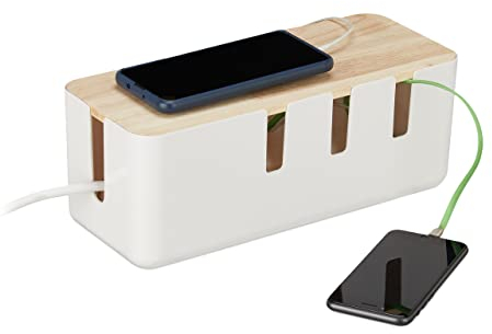 Relaxdays Kabelbox, für 2 Steckdosenleisten, Holzdeckel, Kunststoff, Kabel verstecken, HBT: 11,5 x 30,5 x 12,5 cm, weiß