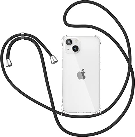 für iPhone 14 Hülle mit Band, Transparent Silikon Handyhülle für iPhone 14 mit Kette Stossfest Schutzhülle - Schnur mit Case zum Umhängen in Schwarz