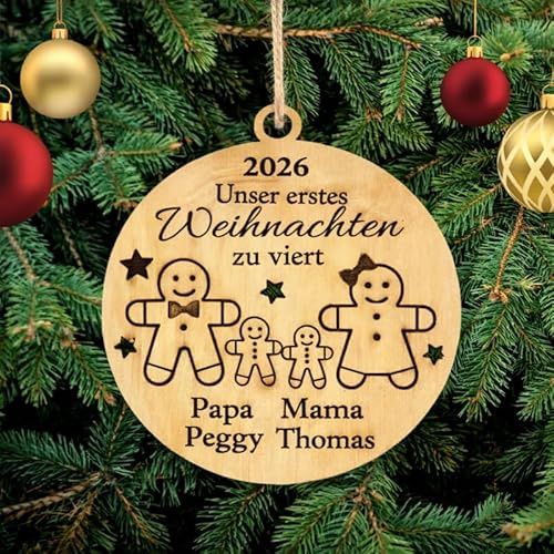 Pet-Jos Personalisierte Unser Erstes Weihnachten zu viert mit Namen Lebkuchen Christbaumschmuck Weihnachtsdeko aus Holz Weihnachtsbaum Weihnachtsbaumschmuck