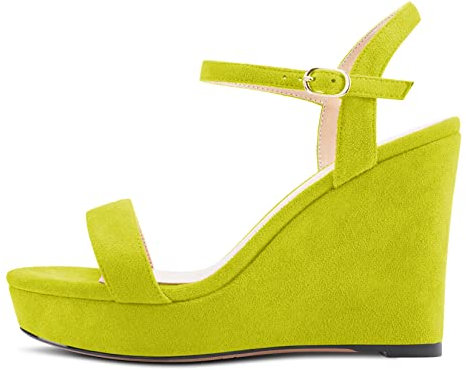 NobleOnly Donna Alto High Tacco Heel Zeppa Piattaforma Cinturino alla Caviglia Sandali Slingback Aperte sulla Punta Sexy Cute Feste 10 CM Heels Verde Lime Scamosciato 41 EU