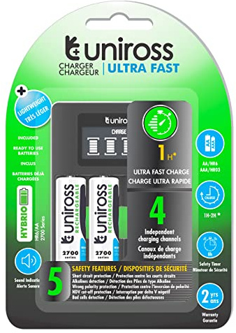 Uniross Caricabatterie Ultra Fast AA/HR6 - AAA/HR03 + 4 Batterie Ricaricabili AA 1,2v 2500mAh
