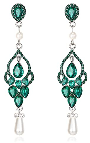 EVER FAITH Damen Kristall Simulierte Perle Braut Floral Blatt Teardrop Lange Baumeln Ohrringe Grün Silber-Ton