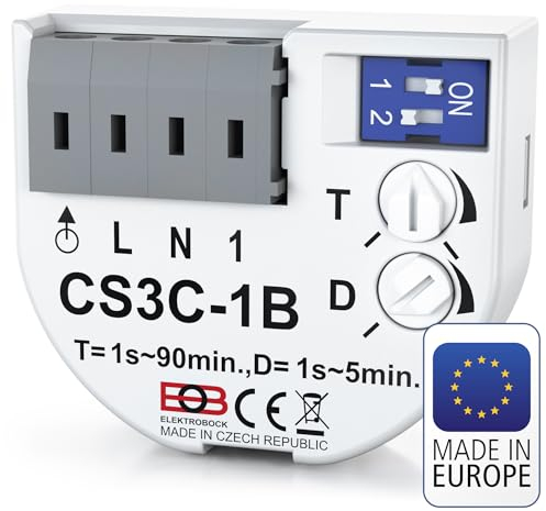 Relé temporizador ELEKTROBOCK CS3C-1B - Interruptor temporizado 230 V con bornes sin tornillos - Conmutación retardada - Para ventiladores e iluminación - Montaje en caja de instalación