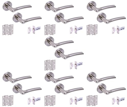 Hunta HANDLEZONE® 7 Sets Ursa Internal Door Handles on Rose Lever Latch Packs with 75mm Ball Bearing Hinges and 76mm Latches - Dual Polished/Satin Nickel