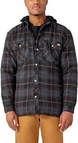 Dickies Men's Water Repellent Flannel Hooded Shirt Jacket, Black Charcoal Ombre Plaid, L