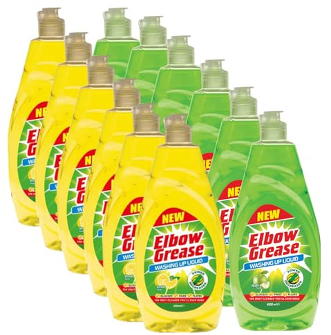 Elbow Grease Washing Up Liquid Multipack | Lemon | Apple | 12 x 600ml | 6 x Lemon, 6 x Apple | Remove Stubborn Food Deposits in No Time | Power Degreaser