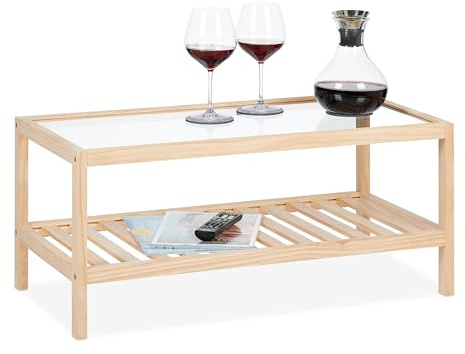 Relaxdays Tavolino da Salotto in Legno, 35 x 80 x 40 cm, Ripiano in Vetro, 2 Mensole, Tavolo Basso da Divano, Naturale
