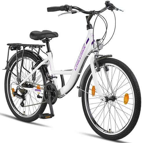 Chillaxx Bike Strada Premium City Bike in 24, 26, 28 Zoll - Fahrrad für Mädchen, Jungen, Herren und Damen - 21 Gang-Schaltung - Hollandfahrrad Citybike (24 Zoll, Weiß-Purple V-Bremse)