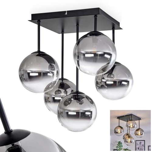 HOFSTEIN Deckenleuchte Chehalis, 5-flammige Deckenlampe aus Metall/Glas in Schwarz/Rauchfarben/Klar, Leuchte im Retro/Vintage-Design, Ø Schirme 15 cm, G9, Esszimmer, Schlafzimmer, Wohnzimmer, Küche