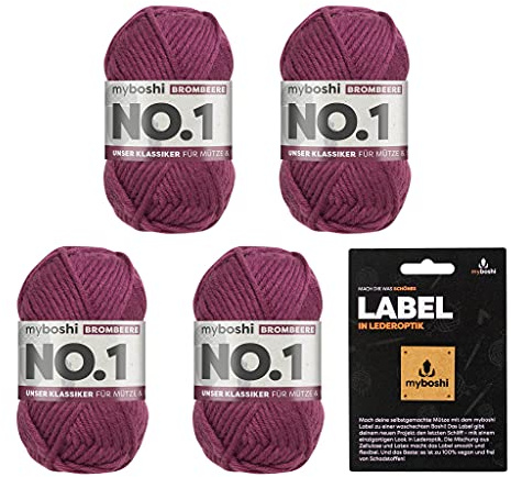 myboshi No.1 Wolle zum Häkeln und Stricken, Schnellstrickgarn, inkl. Label, Strickwolle, Häkelwolle, mulesing-frei, Ll. 55m /50g, 30% Wolle (Merinowolle) Lila (Brombeere), 4 Knäuel