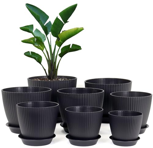 Homeuouz 8 Packs Blumentopf mit Untersetzer, 19/17.5/16.5/16/14/13/11.5/10cm Pflanzentopf, Plastik Übertopf, Hydrokultur Topf, Blumentöpfe Set Ideal für Innen und Balkongärten,Schwarz
