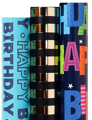 Happy Birthday Geschenkpapier rollen,Blau Schwarz Geschenkpapierrolle Verpackungspapier für Valentinstag Festival Party-3 Rollen (43x500cm pro Rolle)