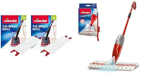 Vileda 1-2 Spraymax Sprühwischer, Bodenwischer mit Sprühfunktion & UltraMax 1-2 Spray Ersatz Mikrofaser Pads, Microfaser, weiß, 2er-Packung