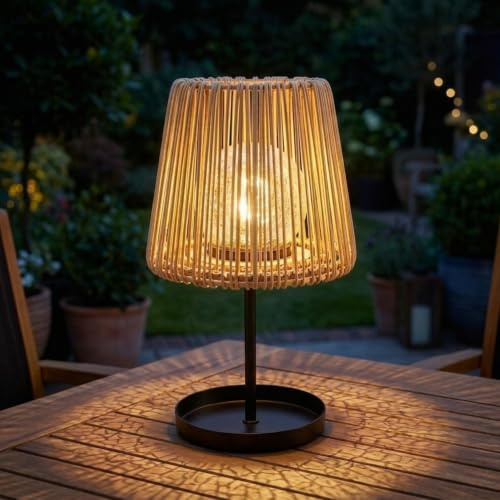Auraglow Solar Rattan Table Lamp with Crackle Glass Bulb, 1 Pack | IP44 outdoor natural shade, dusk to dawn automatic, aluminium tray base, for garden, patio, restaurant and hotel