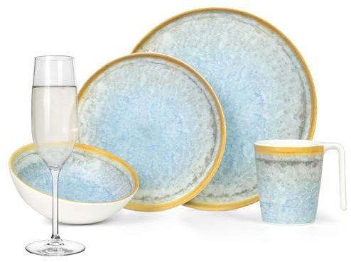Melamin Camping Geschirr Set 4 Personen Crystal Blue + 4 Tiamo Champgner Gläser Flûtes Tafelgeschirr Picknick BBQ Kochgeschirr