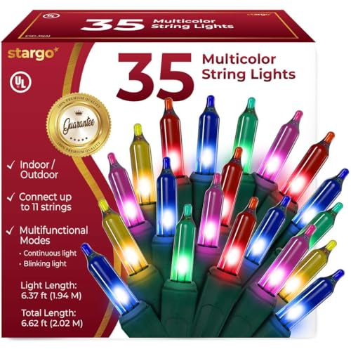 Warm Multi Color Christmas Lights - 6.3 ft String of 35 Incandescent Mini Bulbs Multifunctional Lighting Modes, for Decorative, Bedroom, Outdoor, Xmas Twinkle Tree Lights with Green Wire Total 6.6 ft