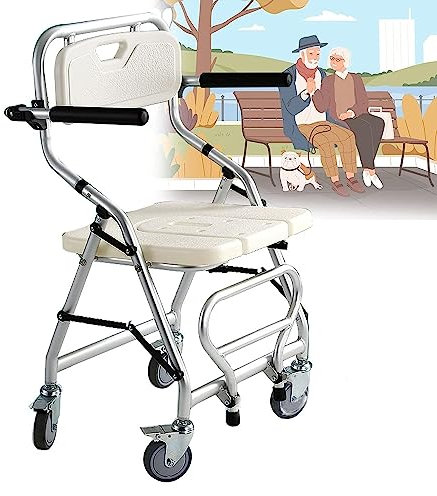 Silla de ducha con ruedas para ancianos, taburete de ducha plegable con respaldo, silla de bañera de aleación de aluminio para mujeres embarazadas, sección higiénica en forma de U