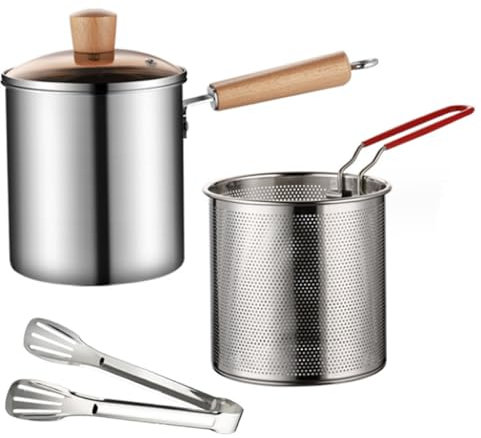 Frittierfitcyer -Topf mit Korb und Tong 3L -Griff aus Edelstahl Chip -Friteuse mit geschmittertem Glasdeckel aus unbeschachten Breite Mund Mehrzweck -Fritteuchsen -Fischbraten und Korb