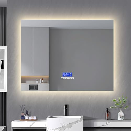 Badezimmerspiegel mit Beleuchtung, 80 x 100 cm, beleuchteter Spiegel für Badezimmer mit Bluetooth mit dimmbarer Funktion zum Einschalten und Anzeige der Temperatur (Tippen A (Bluetooth-Lautsprecher