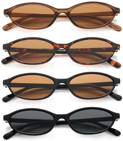 Unning 4 Pack Retro Oval Sunglasses Small Vintage Cat Eye Sunglasses Set Trendy Narrow Glasses for Women