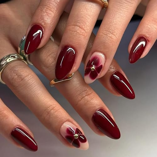 Ceboic 24 Stück Press on Nails Mittel Mandel, Rot Blumen Nägel Zum Aufkleben French Fake Nails, Glänzend Akrylnägel Falsche Nägel Französische Fingernägel zum Aufkleben für Frauen und Mädchen