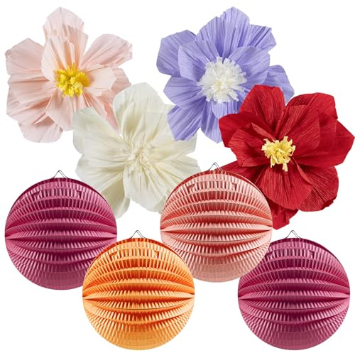 NAESM 8 Stück künstliche Papierblumen, bunte Party-Dekoration, dreidimensionale plissierte Blumen, Seidenpapier, Wanddekoration mit 4 Wassermelonenlaternen für Hochzeit, Geburtstag, Babyparty