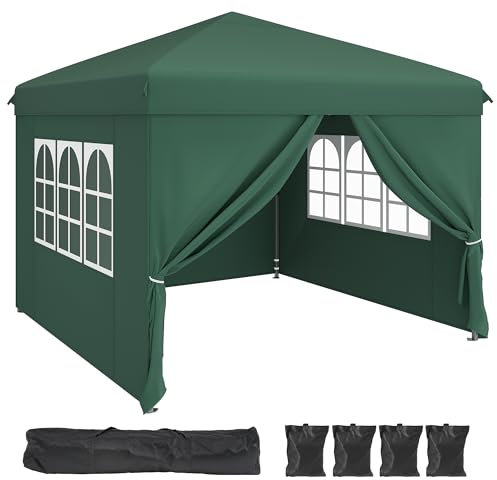 DWVO 3x3Meter Outdoor Pop-Up Gazebo with Sides and Windows All-Season Waterproof Folding Camping Gazebo – Garden Canopy with Anti-UV Protection, Adjustable Height, Stakes, Rope & Carry/Weight Bags