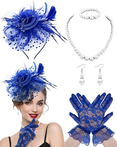 Bnsikun 5Pcs Fascinators Hat for Women Tea Party Veil Mesh Headband Feather Hat for Women Veil Tea Party Hats (Royal Blue)