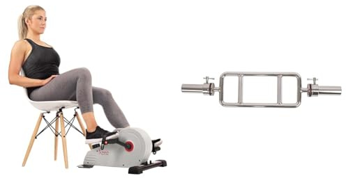 Sunny Health & Fitness Magnetic Under Desk Pedal Exerciser, Dual Function Mini Exercise Cycle Bike + 86 cm Olympic Triceps Bar with Ring Collars, Olympic Weight for Weightlifting and Bodybuilding