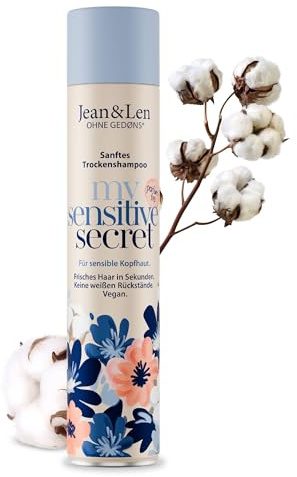 Jean & Len shampoo secco my sensitive secret, per cuoio capelluto sensibile, con estratto di cotone e pantenolo, aiuta le radici grasse, senza residui bianchi, senza profumo, 200 ml