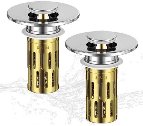 2 Stück Waschbeckenstöpsel mit Sieb, 3-in-1 Abflussstopfen für 25-30 mm | 3-in-1 Design zum Stauen, Ablaufen und Filtern, mit entnehmbarem Haarsieb und einfacher Bedienung per Druckmechanismus.