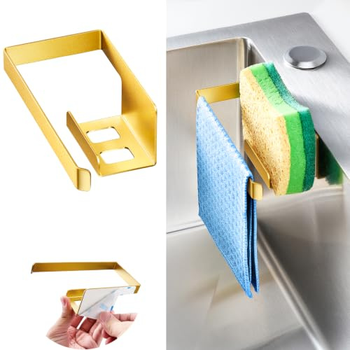XILIMEN Kitchen Sink Caddy Tidy, Metal Sponge Holder for Kitchen Sink, 2 In 1 Dish Sponge and Dishcloth Holder with Adhesive, Kitchen Sink Organiser for Sponges, Gloves and Dish Cloth, Gold