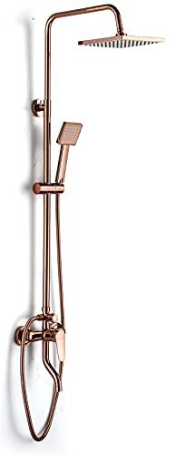 Jiumxliu Kit complet de douche avec thermostat, mitigeur de douche, avec thermostat, douche à effet pluie, 3 types de jet, pommeau de douche en or rose