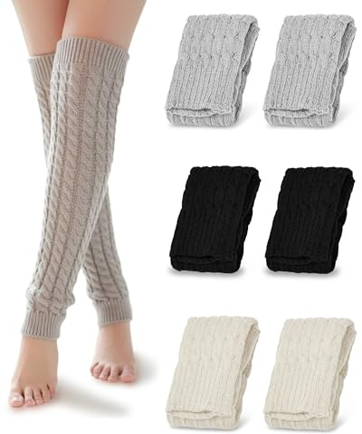 QUPOLPOL Scaldamuscoli a maglia da donna – 3 paia di morbidi calzini da stivale in acrilico lavorato a maglia a trecce per l'inverno, scaldamuscoli caldi ed elastici per donna, accessori di moda per