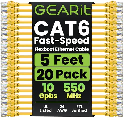GEARit 20-Pack Cat6 Patch Cable 5 Feet Cat 6 Ethernet Cable Snagless Flexible Soft Tab - Premium Series - Yellow