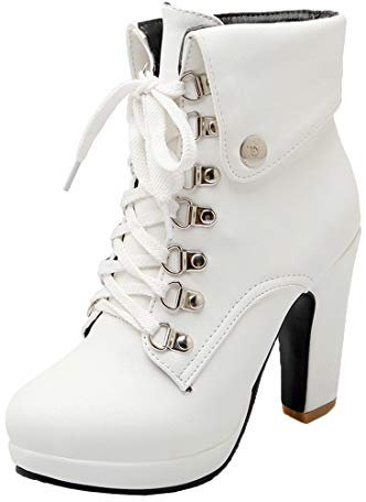 MISSUIT Damen Schnürstiefeletten Blockabsatz Plateau Ankle Boots High Heels Stiefeletten mit Schnürung Absatz 10cm Schuhe(Weiß,40)