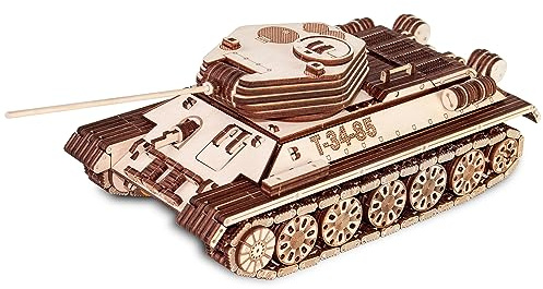 EWA Eco-Wood-Art Tanque T-34-85-Rompecabezas mecánico 3D de madera,Montaje sin pegamento-965 piezas, color naturaleza (Tank T-34-85)