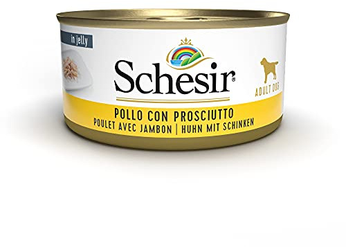 Schesir, Cibo Umido per Cani Adulti al Gusto Pollo con Prosciutto Preparato in Morbida Gelatina - Totale 2,7Kg (18 Lattine da 150G)