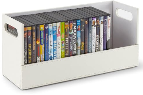 Stock Your Home Scatola portaoggetti per DVD, organizer per Blu-Ray, custodie per videogiochi, CD, supporto per nastri VHS, supporto per dischi può contenere fino a 28 DVD, in ecopelle (bianco)